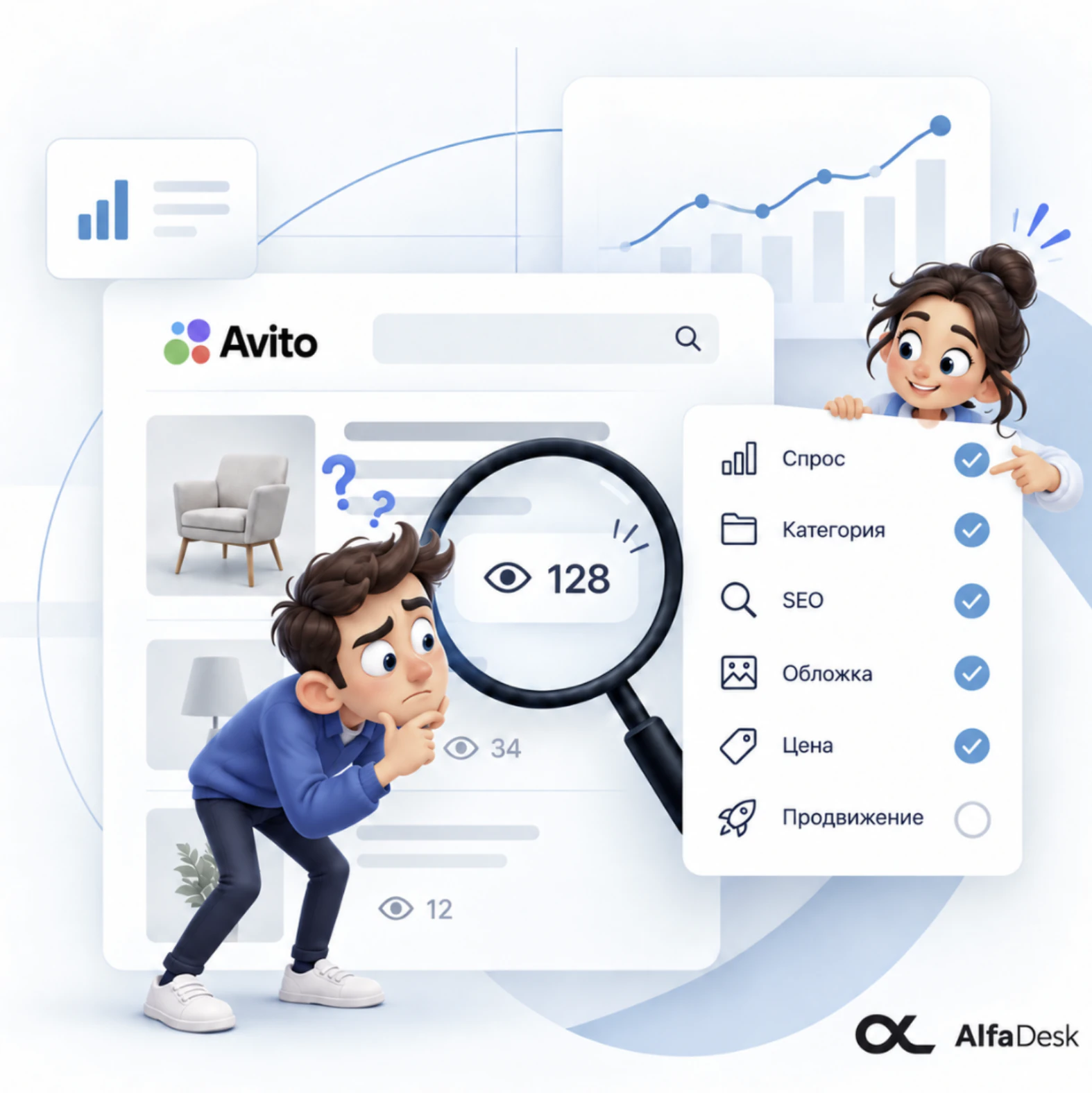 Иллюстрация к статье о причинах низких просмотров на Авито: интерфейс Avito, лупа, просмотры и чек-лист факторов ранжирования
